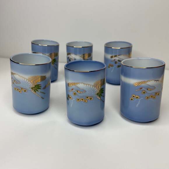 Vintage 6pc Japanese Gold Crane Blue Tea Cup - Picture 3 of 12